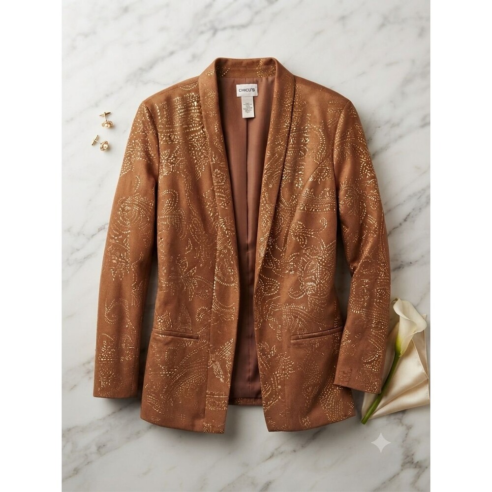 Chico’s Medium Brown Faux Suede Gold Paisley Foil Embossed Open Jacket Shimmer